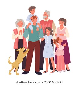 Big happy family standing together with love. Fun gathering of generations of relatives, father and pregnant mother with children, grandmother and grandfather, dog cartoon vector illustration