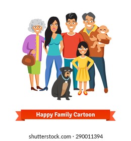 Big happy family standing together with smiles. Father, mother, doughter, baby, grandmother, grandfather and dog. Grandparents and grandchildren. Flat style vector illustration.