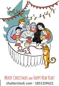 A big happy family at the table exchanges gifts near the Christmas tree. Big family and a ginger cat celebrate the holiday. Cute vector greeting card - Merry Christmas and Happy New Year 2021