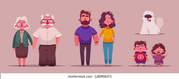  Gran familia feliz juntos. Diseño de caracteres. Ilustración vectorial de dibujos animados. Tres generaciones: abuelos, padres e hijos