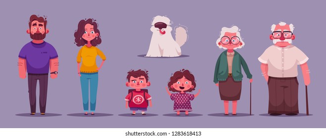  Big happy family together. Character design. Cartoon vector illustration. Three generations - grandparents, parents and children