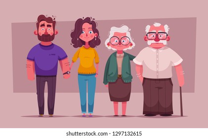  Big happy family together. Character design. Cartoon vector illustration. Three generations - grandparents, parents and children