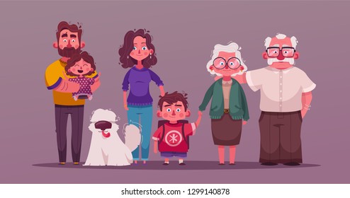  Big happy family together. Character design. Cartoon vector illustration. Three generations - grandparents, parents and children