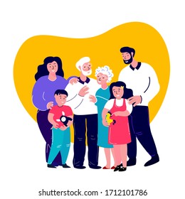 Big Happy Family Together.Young Adult Couple Woman,Man,Mother,Father, Husband, Wife,Grandchildren Kids Daughter and Son.Old Aged Pensioner Grandparents.Grandmother,Grandfather.Flat Vector Illustration