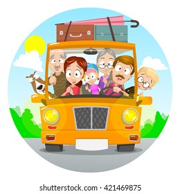 Big Happy Family Traveling By Car. Family Members Happy, Waving Hands And Showing Thumbs Up. Vector Colorful Illustration Of Happy Family Having Family Trip.