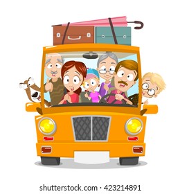 Big Happy Family Traveling By Car. Family Going To Summer Vacations. Summer Holiday. Tourism And Vacation Theme. Flat Design Vector Illustration.