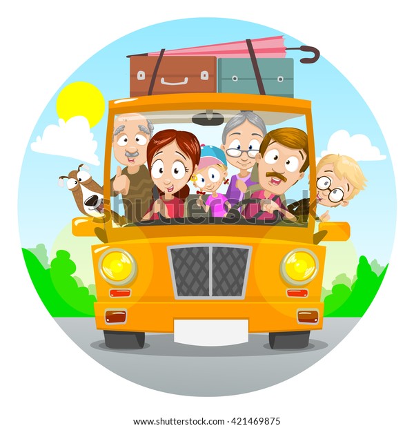 Big happy family traveling by car.\
Family members happy, waving hands and showing thumbs up. Vector\
colorful illustration of happy family having family\
trip.