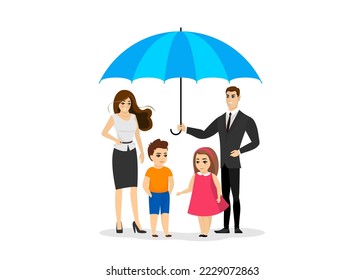 Big happy family under blue protection umbrella. Life and health care insurance symbol concept. Cute parents with children safety healthcare. Caring husband with wife and kids. Vector eps illustration