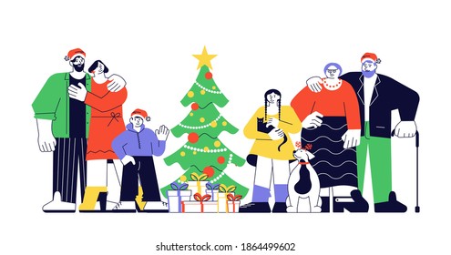 Big happy family vector portrait with pets standing together near Christmas tree. Merry Christmas and Happy New Year card illustration.