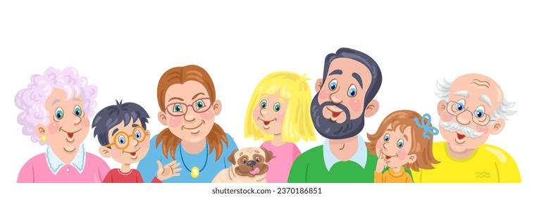 Big happy family. Young parents with three children, grandparents and a funny dog. In cartoon style. Isolated on white background. Vector flat illustration