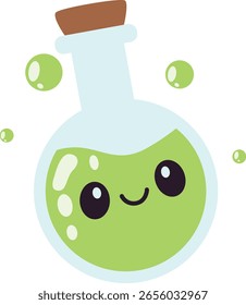 Big happy flask with green liquid and bubbles, cartoon style, isolated on white, for science, fun, and creative projects.