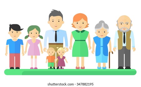 Big happy harmonious family. Objects isolated on a white background. Flat vector illustration.