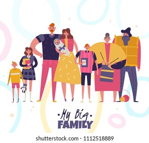 Big happy harmonious family portrait with grandparents young couple with newborn in hands and children of different ages flat vector illustration 