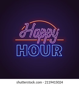 Big happy hour neon text. Neon lamp square sign. Glowing neon sign of happy hour sale. Template for glowing neon banner on dark background.