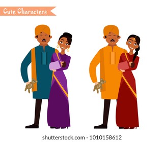 Big happy indian family in national dress isolated vector illustration. Parents and children cartoon characters. Family generations standing together