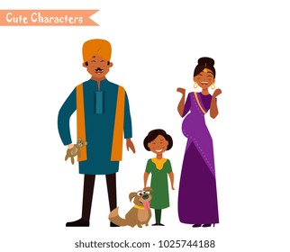 Big happy indian family in national dress isolated vector illustration. Parents and children cartoon characters. Family generations standing together
