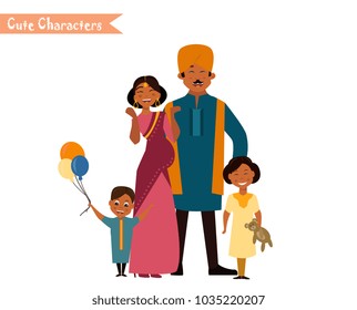 Big happy indian family in national dress isolated vector illustration. Parents and children cartoon characters. Family generations standing together