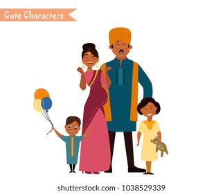 Big happy indian family in national dress isolated vector illustration. Parents and children cartoon characters. Family generations standing together