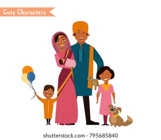 Big happy indian family in national dress isolated vector illustration. Parents and children cartoon characters. Family generations standing together