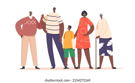 Big Happy Modern African Family Characters Parents, Grandparents and Children Stand Together. Father, Mother and Kids Loving Bonding, Relations, Relaxed Sparetime. Cartoon People Vector Illustration