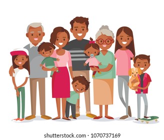 Big happy multi-generational afro-american family siblings relatives portrait. Vector people. Seniors mother and father with babies, children grandchildrens and grandparents. Grandma grandpa mom dad.