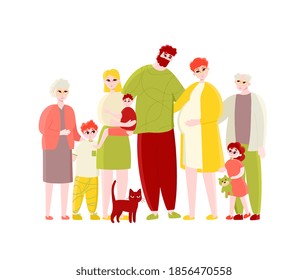 Big happy multi-generational family portrait. Young parent couple with pregnant wife, adult daughter with baby, children, senior grandparent and cat vector illustration isolated on white background