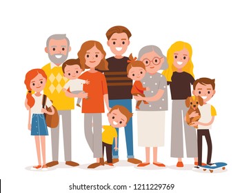 Big happy multi-generational family siblings relatives portrait. Vector people. Seniors mother and father with babies, children grandchildrens and grandparents. Grandma grandpa mom dad.