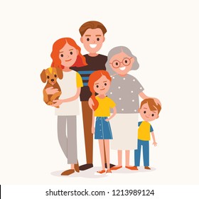 Big happy multi-generational family siblings relatives portrait. Vector people. Seniors mother and father with babies, children grandchildrens and grandparents. Grandma  mom dad.