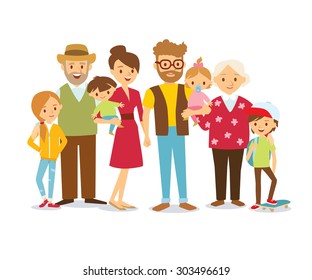 Big happy multi-generational family siblings relatives portrait. Vector people. Seniors mother and father with babies, children grandchildrens and grandparents. Grandma grandpa mom dad.