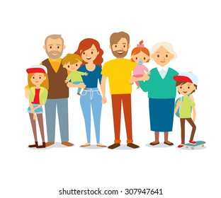 Big happy multi-generational family siblings relatives portrait. Vector people. Seniors mother and father with babies, children grandchildrens and grandparents. Grandma grandpa mom dad.