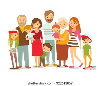 Big happy multi-generational family siblings relatives portrait. Vector people. Seniors mother and father with babies, children grandchildrens and grandparents. Grandma grandpa mom dad.