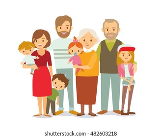 Big happy multi-generational family siblings relatives portrait. Vector people. Seniors mother and father with babies, children grandchildrens and grandparents. Grandma grandpa mom dad. - Shutterstock ID 482603218