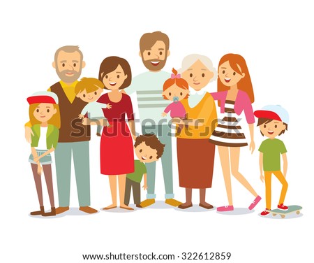 Big happy multi-generational family siblings relatives portrait. Vector people. Seniors mother and father with babies, children grandchildrens and grandparents. Grandma grandpa mom dad.