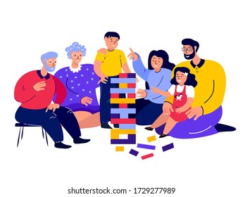 Big Happy Smiling Family Playing Board Game.Young Woman, Man.Parents,Mother,Father,Old Aged Pensioner Grandparents.Grandmother,Grandfather.Daughter,Son.Children Have Fun.Flat Vector Illustration