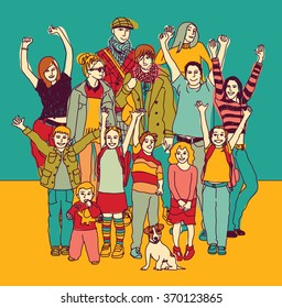 Big happy smiling family standing group color. Color vector illustration. EPS8