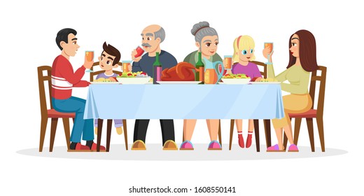 Big happy united family celebrating Christmas, Thanksgiving day or birthday at home. Continuity of generations is at same table. Relatives. Vector cartoon illustration isolated on white background.