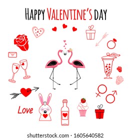 Big Happy Valentine's day set. Romantic elements collection of symbols. 14 February. Love. Suitable for card, poster, banner, background, labels, logo, icons. Vector illustration