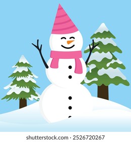 Big Happy White Snowman with Twig Hand Up Wearing Pink Birthday Hat and Pink Scarf Winter on Blue Background with Two Pine Trees