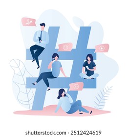 Gran cartel de etiqueta y diferentes personas con teléfonos inteligentes, personajes masculinos y femeninos con gadgets para la comunicación. Chatear en las redes sociales. Ilustración vectorial de moda