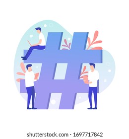 Big hashtag sign and young people with smartphones,social network and mobile communication,trendy flat style vector illustration