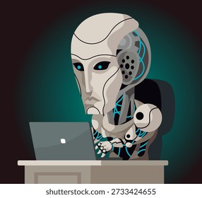 big head ai robot using a laptop computer