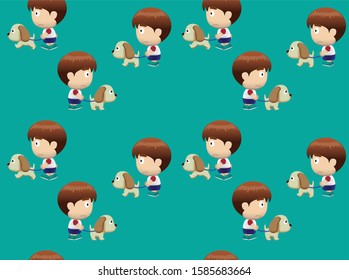 Big Head Boy Taking Dog For a Walk Cartoon Vector Seamless Background Wallpaper-01