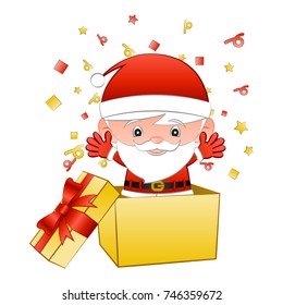 big head cartoon santa claus stand in open yellow gift box for surprise in christmas day,isolated white background,vector illustration