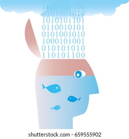 big head filled with flood from data raining cloud, concept of information overkill