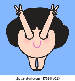 Big Head Girl Raising Two Fingers Up From Her Eyes. Woman Showing Peace Or Victory Hand Sign Concept Card Character illustration