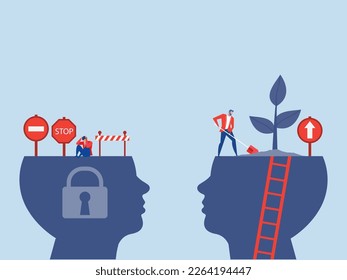 Big head human think growth mindset different fixed mindset concept vector