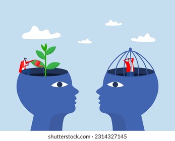 Big head human think growth mindset different fixed mindset concept vector