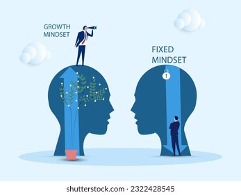 Big head human think growth mindset different fixed mindset concept. vector illustration.