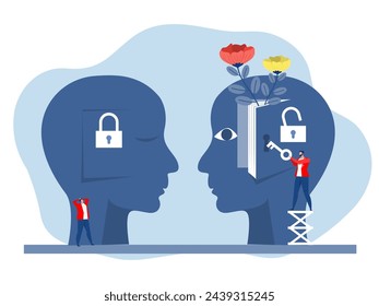 Big head human think unlock think  mind through a book growth mindset different think lockfixed mindset concept vector