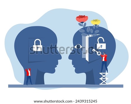 Big head human think unlock think  mind through a book growth mindset different think lockfixed mindset concept vector